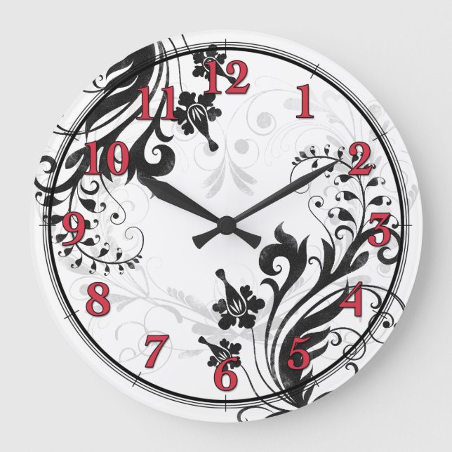 Reloj Redondo Grande Black, White, and Red Asian Floral Wall Clock (Anverso)
