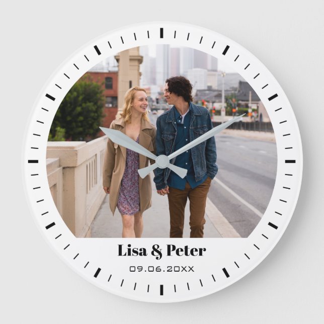 Reloj Redondo Grande Black & White Minimal Valentine Wedding (Anverso)