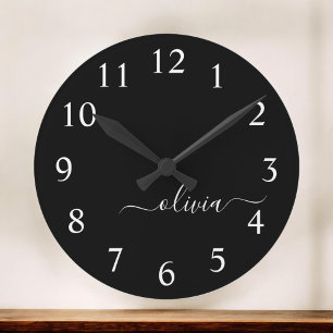Reloj Redondo Grande Black White Modern Script Girly Monograma Nombre
