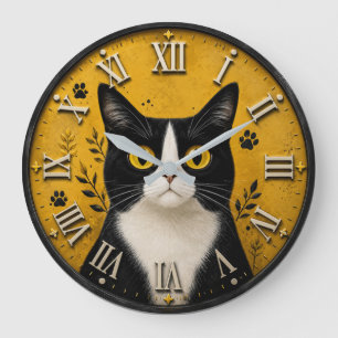 Reloj Redondo Grande Black & White Tuxedo Cat Home Decor