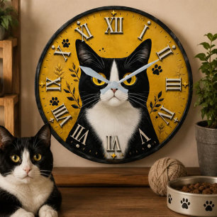Reloj Redondo Grande Black & White Tuxedo Cat Home Decor