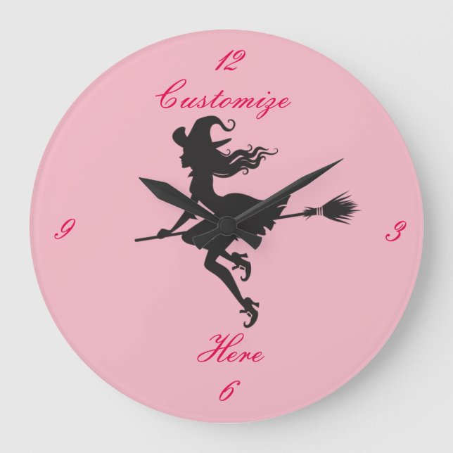 Reloj Redondo Grande Black Witch Riding Broom Halloween Thunder_Cove (Anverso)
