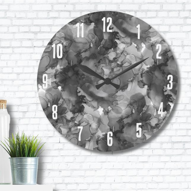 Reloj Redondo Grande Blanco negro simple elegante (Cute Modern Minimal Elegant Gray Black Watercolor Large Clock)