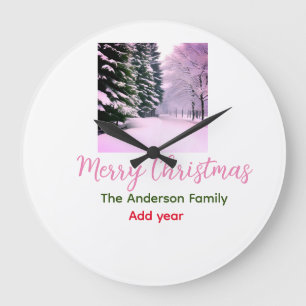 Reloj Redondo Grande Blanco rosa nieve feliz Navidad añadir nombre de f