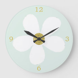 Reloj Redondo Grande Blanco Verde Sencillo de margarita dorado