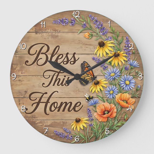 Reloj Redondo Grande Bless This Home Meadow Butterfly (Anverso)