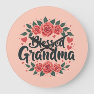 Reloj Redondo Grande Blessed Grandma Floral Vintage Rosas Tipografía
