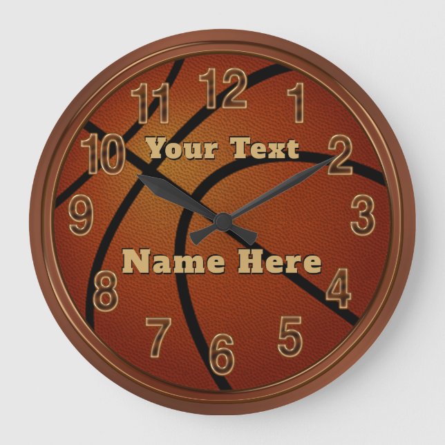 Reloj Redondo Grande Bloques personalizados de básquetbol, nombre y tex (Anverso)