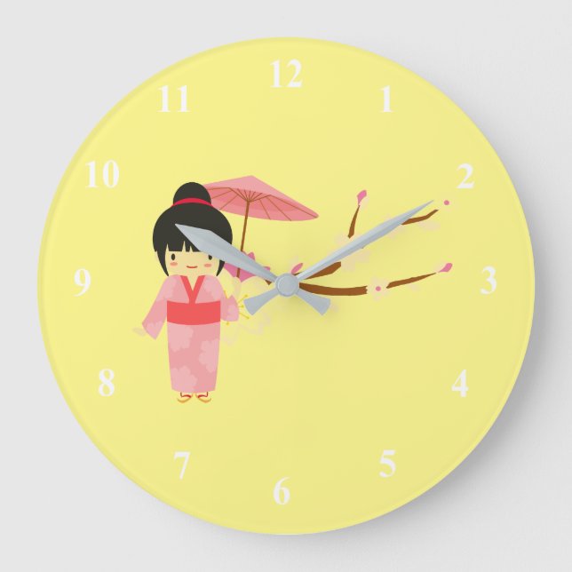 Reloj Redondo Grande Blossom de cerezo rosa japonés suave Geisha (Anverso)
