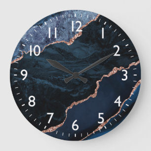 Reloj Redondo Grande Blue and Faux Gold Glitter Marble Agate