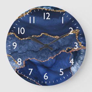 Reloj Redondo Grande Blue and Faux Gold Glitter Marble Agate