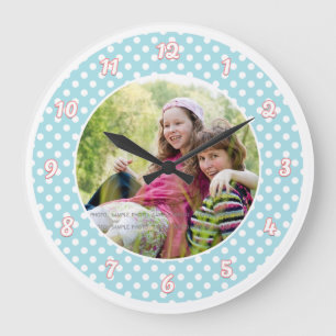 Reloj Redondo Grande Blue and White Polka Dot Personalized Photo