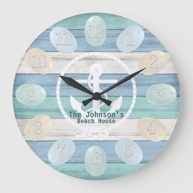 Reloj Redondo Grande Blue Beach Wood Sea Glass & Anchor (Anverso)