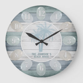 Reloj Redondo Grande Blue Beach Wood Sea Glass & Palm Trees