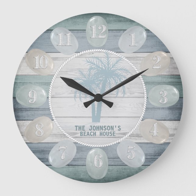 Reloj Redondo Grande Blue Beach Wood Sea Glass & Palm Trees (Anverso)