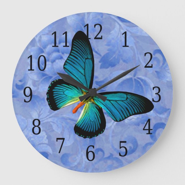 Reloj Redondo Grande Blue Butterfly On Blue Flowers Clock (Anverso)