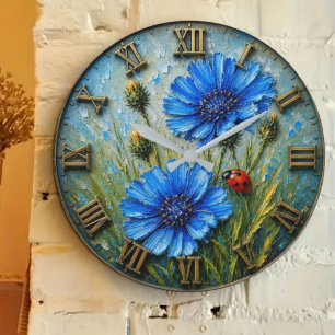Reloj Redondo Grande Blue Cornflower Ladybug Wildflower Botanical