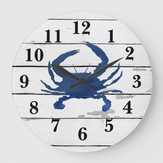 Reloj Redondo Grande Blue Crab Ship Beach Rustic Painting (Anverso)
