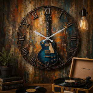 Reloj Redondo Grande Blue Electric Guitar Rustic Vintage Art Decor