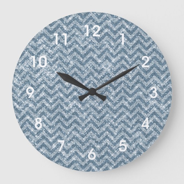 Reloj Redondo Grande Blue Faux Purpurina Sparkle Chevron (Anverso)