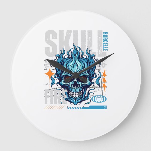 Reloj Redondo Grande Blue Flaming Skull Streetwear Design | Cyberpunk G (Anverso)