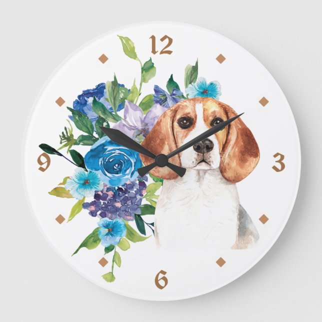 Reloj Redondo Grande Blue Floral Bouquet Beagle Dog (Anverso)