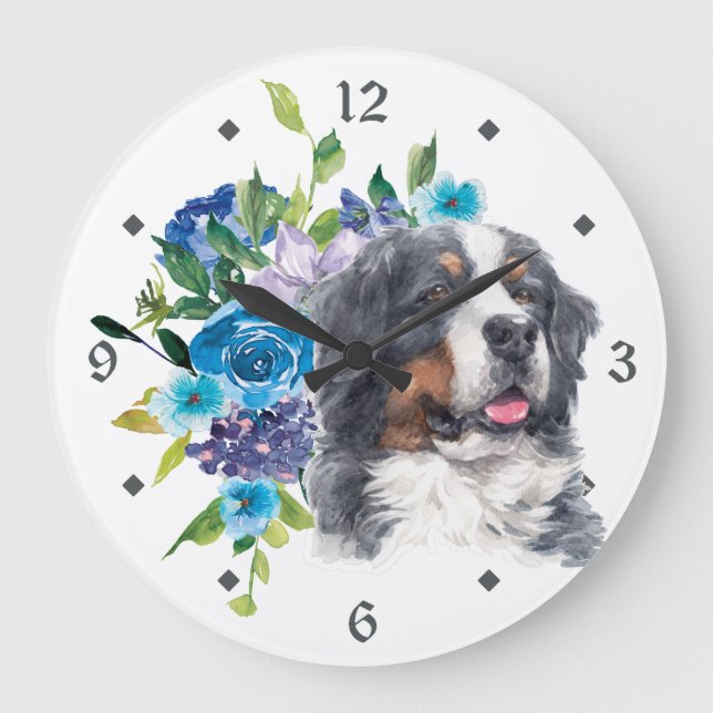 Reloj Redondo Grande Blue Floral Bouquet Bernese Mountain Dog (Anverso)