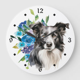Reloj Redondo Grande Blue Floral Bouquet Border Collie Dog