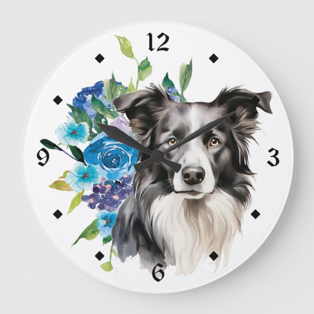 Reloj Redondo Grande Blue Floral Bouquet Border Collie Dog (Anverso)