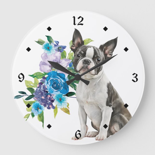 Reloj Redondo Grande Blue Floral Bouquet Boston Terrier Dog (Anverso)