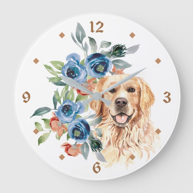Reloj Redondo Grande Blue Floral Bouquet Golden Retriever (Anverso)
