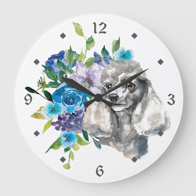 Reloj Redondo Grande Blue Floral Bouquet Gray Poodle Dog (Anverso)