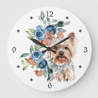 Reloj Redondo Grande Blue Floral Bouquet Yorkshire Terrier Dog