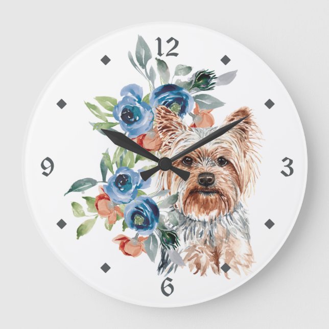 Reloj Redondo Grande Blue Floral Bouquet Yorkshire Terrier Dog (Anverso)