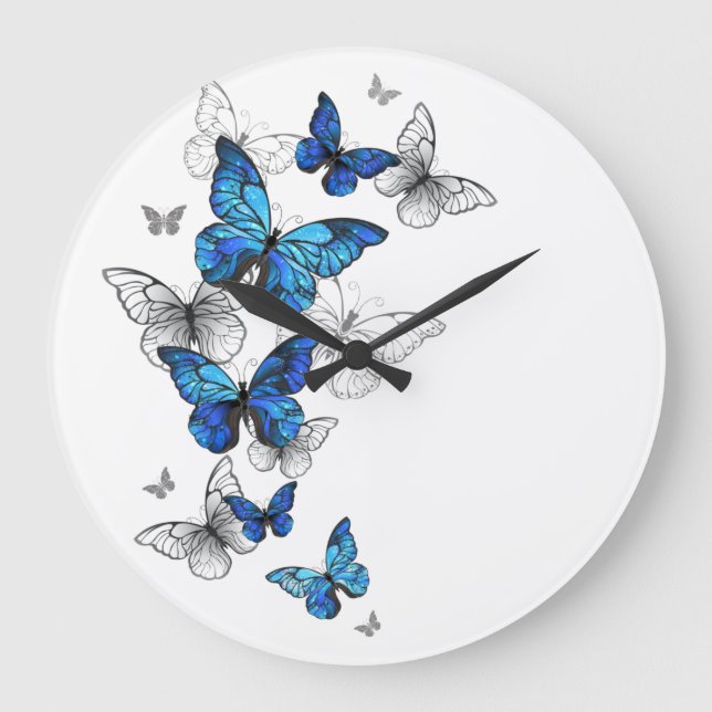 Reloj Redondo Grande Blue Flying Butterflies Morpho (Anverso)