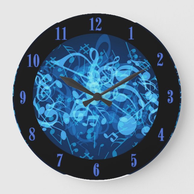 Reloj Redondo Grande Blue Glow Music Notes Pattern Wall Clock (Anverso)