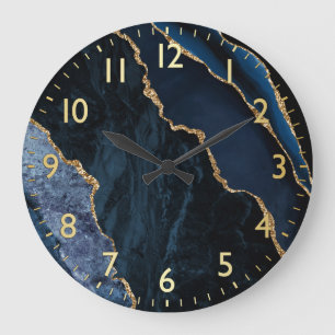 Reloj Redondo Grande Blue & Gold Faux Purpurina Marble Agate