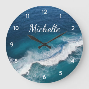 Reloj Redondo Grande Blue Green Ocean Summer Beach Waves Nombre persona