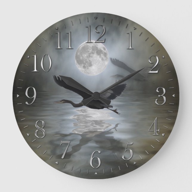 Reloj Redondo Grande Blue Heron & Moon Wildlife Fantasy Wall Clock (Anverso)