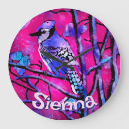 Reloj Redondo Grande Blue Jay Bird Tree Branch Pink Personalized 