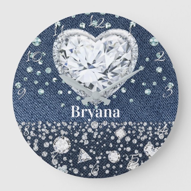 Reloj Redondo Grande Blue Jean Denim & Diamonds Bling Diamond Heart (Anverso)