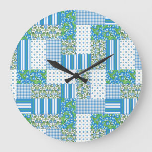 Reloj Redondo Grande Blue Morning Glory Faux Patchwork Wall Clock