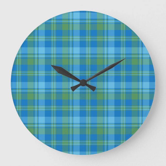 Reloj Redondo Grande Blue Morning Glory Plaid Round Wall Clock (Anverso)