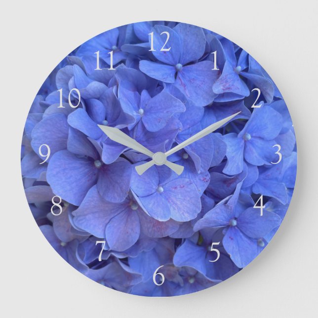 Reloj Redondo Grande Blue periwinkle elegantes hortensias florales (Anverso)