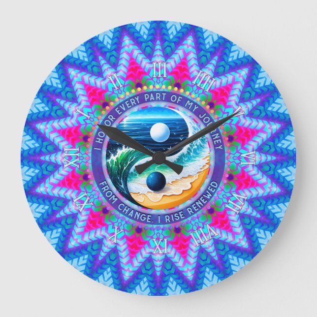 Reloj Redondo Grande Blue Pink Rise Energy Journey Change Affirmation (Anverso)