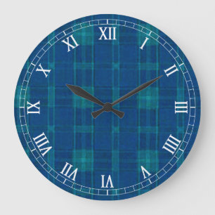Reloj Redondo Grande Blue Plaid Round Roman Numerals Clock
