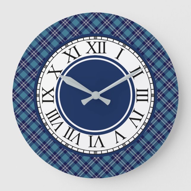 Reloj Redondo Grande Blue Plaid St Andrews Escocia Tartán (Anverso)