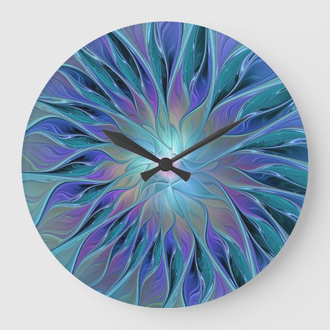 Reloj Redondo Grande Blue Purple Flower Dream Resumen arte fractal (Anverso)