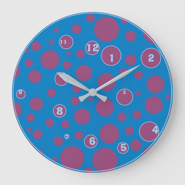 Reloj Redondo Grande Blue Purple Polka Dots Funky Ball Numbers Quirky (Anverso)