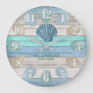 Reloj Redondo Grande Blue Seashell and Beach Wood Nautical - Azul Verde